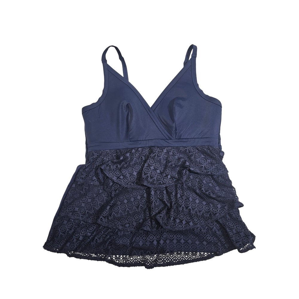 Cacique Tankini Top Womens 18 Navy Boho Tiered Crochet Lace Surplice No-Wire NEW